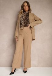 Ciemnobeżowe Szerokie Spodnie Garniturowe z Wiskozą High Waist z Paskiem z Klamrą Enarela. Brązowe spodnie materiałowe damskie Renee, bez wzorów, z jeansu. Za 99.99 zł.