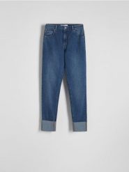 Jeansy slim fit z podwiniętymi nogawkami - granatowy. Niebieskie jeansy damskie Reserved, z podwyższonym stanem. W wyprzedaży za 89.99 zł.