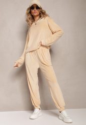Beżowy Welurowy Komplet Dresowy z Bluzą i Spodniami Joggerami Mafira. Brązowe bluzy damskie Renee, l, bez wzorów, z dresówki, bez kaptura. Za 79.99 zł.