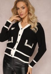 Czarny Wiskozowy Sweter Kardigan z Kontrastową Lamówką i Naszywkami Narjee. Czarne kardigany damskie Renee, z aplikacjami, z wiskozy. Za 149.99 zł.