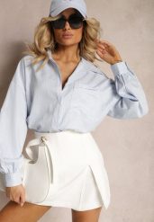 Niebieska Koszula z Długim Rękawem Zapinana na Guziki z Kieszonką Vloenni. Niebieskie koszule damskie Renee, l, bez wzorów, eleganckie, bez kołnierzyka, plus size, bez ramiączek. Za 119.99 zł.