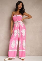 Fuksjowy Kombinezon Bandeau Ozdobiony Ornamentnym Motywem i Guzikami Liravessa. Czerwone sukienki damskie Renee, bez wzorów, eleganckie, bez ramiączek. W wyprzedaży za 75.99 zł.