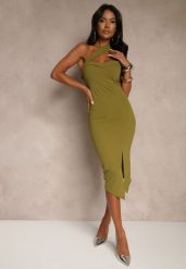 Jasnozielona Koktajlowa Sukienka Typu Bodycon o Asymetrycznym Kroju Haliannea. Zielone sukienki damskie Renee, bez wzorów, wizytowe, bez ramiączek. Za 74.99 zł.