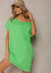 Zielona T-shirtowa Sukienka Pudełkowa z Elastycznej Bawełny Ellensa. Zielone sukienki damskie Renee, bez wzorów, z bawełny, wakacyjne, bez ramiączek. Za 49.99 zł.