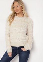 Jasnobeżowy Puchaty Sweter z Wełną i Ściągaczami Exenevia. Brązowe swetry klasyczne damskie Born2be, z jeansu, bez kołnierzyka. Za 74.99 zł.