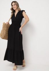 Czarna Bawełniana Sukienka Maxi z Kopertową Górą Rozkloszowana Xaliara. Czarne sukienki damskie Born2be, bez wzorów, z bawełny, bez ramiączek. Za 79.99 zł.