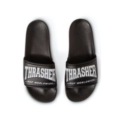 Klapki basenowe unisex HUF x Thrasher. Czarne klapki damskie HUF, bez wzorów, bez obcasa, bez zapięcia. Za 144.00 zł.