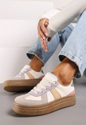 Beżowo-Fioletowe Sneakersy na Niskiej Platformie z Materiałowymi Wstawkami Xeonbia. Brązowe obuwie sportowe damskie Born2be, z materiału, bez zapięcia. Za 89.99 zł.