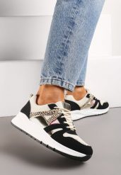 Czarno-Beżowe Sneakersy z Siateczkowymi i Metalicznymi Zdobieniami Detama. Czarne obuwie sportowe damskie Renee, z materiału, bez zapięcia. Za 99.99 zł.
