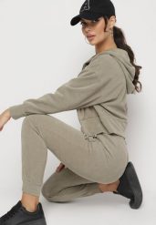 Ciemnozielony Komplet Dresowy z Bawełną Bluza z Kapturem i Spodnie z Gumką w Talii Neseria. Zielone bluzy damskie Born2be, l, bez wzorów, z bawełny, z kapturem. Za 129.99 zł.