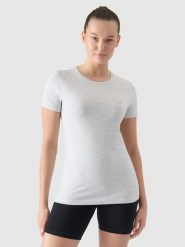 4F T-shirt slim gładki damski - szary L. Szare t-shirty damskie 4F, l, bez wzorów, z bawełny, bez kołnierzyka. Za 39.99 zł.
