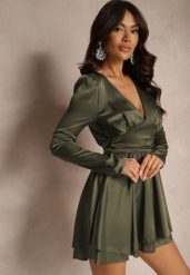 Zielona Satynowa Sukienka Mini z Falbankami i Paskiem z Tyłu w Talii Catriona. Zielone sukienki damskie Renee, bez wzorów, z satyny, eleganckie, bez ramiączek. W wyprzedaży za 91.99 zł.
