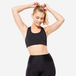 Stanik sportowy Decathlon. Czarne koszulki sportowe damskie Decathlon, m, bez wzorów, z elastanu, bez ramiączek, na jogę i pilates. W wyprzedaży za 29.99 zł.