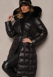 Czarna Długa Kurtka Pikowana z Odpinanym Kapturem Ozdobionym Futerkiem i Paskiem Iveleti. Czarne kurtki damskie Renee, l, bez wzorów, z jeansu. Za 169.99 zł.