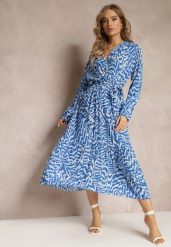 Niebieska Sukienka Kopertowa z Wiązanym Paskiem i Fantazyjnym Printem Nevilia. Niebieskie sukienki damskie Renee, bez wzorów, z materiału, bez ramiączek. W wyprzedaży za 91.99 zł.