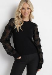 Czarny Sweter z Ażurowymi Rękawami z Kwiatkami Semnetia. Czarne swetry klasyczne damskie Born2be, z dzianiny, bez kołnierzyka. Za 119.99 zł.