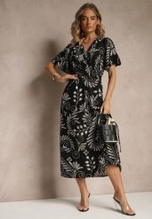 Czarna Kopertowa Sukienka z Bawełną w Geometryczny Wzór Lunasena. Czarne sukienki damskie Renee, bez wzorów, z bawełny, eleganckie, bez ramiączek. W wyprzedaży za 55.99 zł.