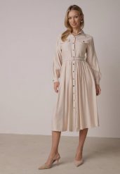 Beżowa Wiskozowa Sukienka Koszulowa z Paskiem Andranassa. Brązowe sukienki damskie Born2be, bez wzorów, ze skóry, eleganckie, bez ramiączek. Za 149.99 zł.