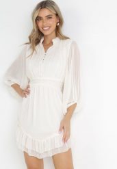Beżowa Taliowana Sukienka Mini z Rękawami 3/4 i Falbanką Serafilla. Brązowe sukienki damskie Born2be, bez wzorów, z tkaniny, bez ramiączek. Za 189.99 zł.