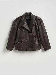 Skórzana kurtka typu biker - ciemnobrązowy. Brązowe kurtki damskie Reserved, l, bez wzorów, ze skóry, bez kaptura. Za 599.99 zł.