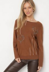 Brązowy Sweter Ozdobiony Sercami z Cyrkonii Unaressa. Brązowe swetry klasyczne damskie Born2be, l, z jeansu, bez kołnierzyka. Za 79.99 zł.