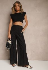 Czarne Bawełniane Haftowane Spodnie High Waist o Szerokim Kroju Milirelia. Czarne spodnie materiałowe damskie Renee, z aplikacjami, z bawełny. Za 99.99 zł.