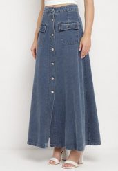 Granatowa Trapezowa Spódnica Maxi Bawełniana Jeansowa z Guzikami i Kieszeniami z Klapami Zrissa. Niebieskie spódnice damskie Born2be, na co dzień, m, bez wzorów, z bawełny, eleganckie, maxi. Za 169.99 zł.