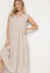 Jasnobeżowa Bawełniana Sukienka Ozdobiona Falbankami Aveliova. Brązowe sukienki damskie Born2be, bez wzorów, z bawełny, eleganckie, bez ramiączek. Za 69.99 zł.