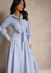Niebiesko-Biała Sukienka Koszulowa z Bawełną Ozdobiona Paskiem Revessine. Niebieskie sukienki damskie Renee, bez wzorów, z bawełny, eleganckie, bez ramiączek. W wyprzedaży za 119.99 zł.