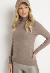 Beżowy Golf w Klasycznym Stylu Tasfedi. Brązowe golfy damskie Born2be, m, bez wzorów, z jeansu, bez ramiączek. Za 74.99 zł.