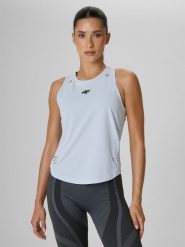 4F Top treningowy regular szybkoschnący damski - niebieski M. Niebieskie koszulki sportowe damskie 4F, m, bez wzorów, bez ramiączek, na fitness i siłownię. Za 99.99 zł.