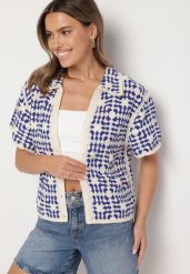 Niebieska Bawełniana Koszula z Geometrycznym Motywem Melicene. Niebieskie koszule damskie Born2be, l, bez wzorów, z bawełny, eleganckie, bez kołnierzyka, bez ramiączek. Za 119.99 zł.