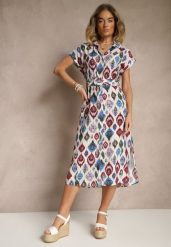 Niebieska Sukienka z Wiskozą o Koszulowym Kroju z Paskiem z Klamrą w Etno Print Jenavianea. Niebieskie sukienki damskie Renee, bez wzorów, z wiskozy, eleganckie, bez ramiączek. W wyprzedaży za 75.99 zł.