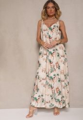 Beżowo-Zielona Rozkloszowana Sukienka na Ramiączkach z Wiskozą w Kwiatowy Wzór Jenariona. Zielone sukienki damskie Renee, z aplikacjami, z wiskozy, eleganckie, bez ramiączek. Za 109.99 zł.