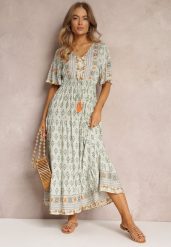 Miętowa Sukienka Maxi z Krótkim Rękawem i Gumką w Talii Emaya. Zielone sukienki damskie Renee, bez wzorów, z tkaniny, boho, bez ramiączek. Za 54.99 zł.