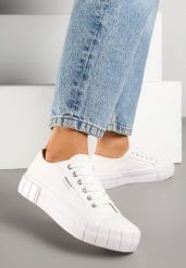 Białe Trampki na Grubej Podeszwie z Tłoczeniem Maitiana. Białe obuwie sportowe damskie Born2be, z jeansu, bez zapięcia. Za 74.99 zł.