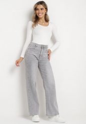 Jasnoszare Jeansy Szerokie z Bawełny z Wyższym Stanem Adrinca. Szare jeansy damskie Born2be, bez wzorów, z bawełny. Za 149.99 zł.