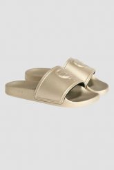 KARL LAGERFELD Złote klapki damskie KONDO 2.0 Karl NFT Relief. Żółte klapki damskie KARL LAGERFELD, bez wzorów, bez obcasa, bez zapięcia. W wyprzedaży za 289.99 zł.