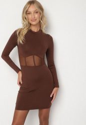 Brązowa Dopasowana Sukienka Vices Ozdobiona Gorsetową Przezroczystą Górą Axerne. Brązowe sukienki damskie Born2be, bez wzorów, eleganckie, bez ramiączek. Za 79.99 zł.