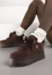 Brązowe Sneakersy z Ekozamszu na Grubej Podeszwie Wyściełane Futerkiem Senavel. Brązowe obuwie sportowe damskie Renee, na jesień, z jeansu, bez zapięcia, trekkingowe. Za 129.99 zł.
