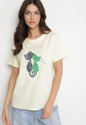 Żółty T-shirt z Bawełny z Ozdobnym Napisem i Nadrukiem Olinella. Żółte t-shirty damskie Born2be, l, bez wzorów, z bawełny, bez kołnierzyka. Za 34.99 zł.