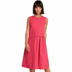 Lniana sukienka trapezowa na lato bez rękawów z marszczeniem różowa. Czerwone sukienki damskie Bewear, bez wzorów, biznesowe, bez ramiączek. Za 249.00 zł.
