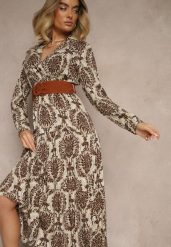 Brązowa Sukienka z Kopertowym Dekoltem z Wiskozy i Motywem Boho Ozdobiona Paskiem Rinnaria. Brązowe sukienki damskie Renee, bez wzorów, z materiału, boho, bez ramiączek. W wyprzedaży za 99.99 zł.