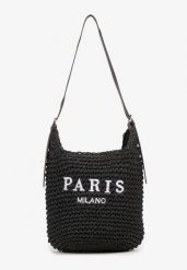 Czarna Pleciona Torebka Plażowa Shopper na Długim Pasku z Napisem Galenitia. Czarne shopper bag Born2be, bez wzorów, bez dodatków. Za 84.99 zł.