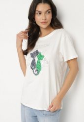 Biały T-shirt z Bawełny z Ozdobnym Napisem i Nadrukiem Olinella. Białe t-shirty damskie Born2be, l, bez wzorów, z bawełny, bez kołnierzyka. Za 34.99 zł.