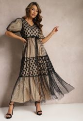 Beżowo-Czarna Maxi Sukienka Tiulowa Rozkloszowana z Paskiem i Bufiastymi Rękawami Bervilla. Brązowe sukienki damskie Renee, bez wzorów, z tiulu, eleganckie, bez ramiączek. W wyprzedaży za 159.99 zł.