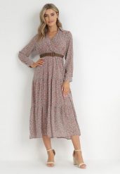 Różowa Sukienka Rozkloszowana w Kwiaty z Paskiem Khito. Czerwone sukienki damskie Born2be, bez wzorów, eleganckie, bez ramiączek. W wyprzedaży za 127.49 zł.