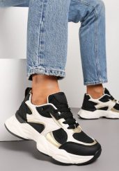 Biało-Czarne Sneakersy ze Wstawkami Metalicznymi i Siateczką na Grubej Podeszwie Riliera. Białe obuwie sportowe damskie Renee, bez zapięcia. Za 89.99 zł.