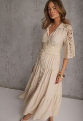 Beżowa Boho Sukienka z Wiskozą o Rozkloszowanym Kroju z Ażurowymi Wstawkami Idacea. Brązowe sukienki damskie Renee, w ażurowe wzory, z materiału, boho, bez ramiączek. Za 199.99 zł.