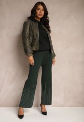 Ciemnozielone Spodnie o Szerokim Kroju High Waist z Cyrkoniami i Gumką w Pasie Loreitha. Zielone spodnie materiałowe damskie Renee, z aplikacjami, z jeansu. Za 69.99 zł.
